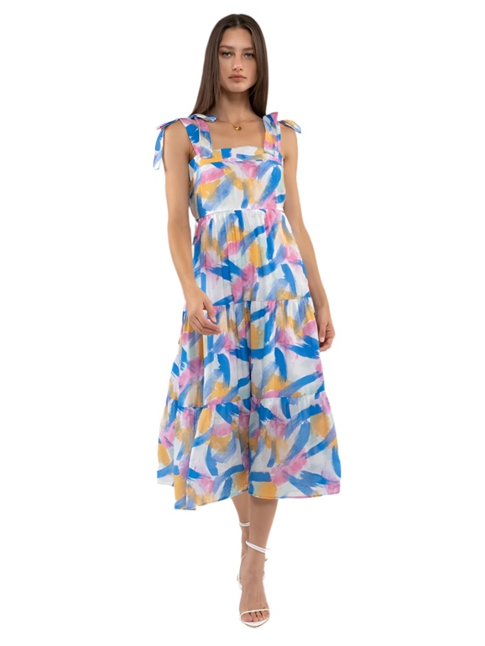 NWOT Blu Pepper Multicolor Brushstroke Tie-Shoulder Midi Dress